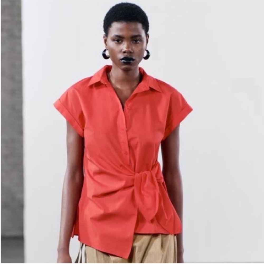Zara, Red, ZW COLLECTION KNOTTED POPLIN SHIRT, Medium